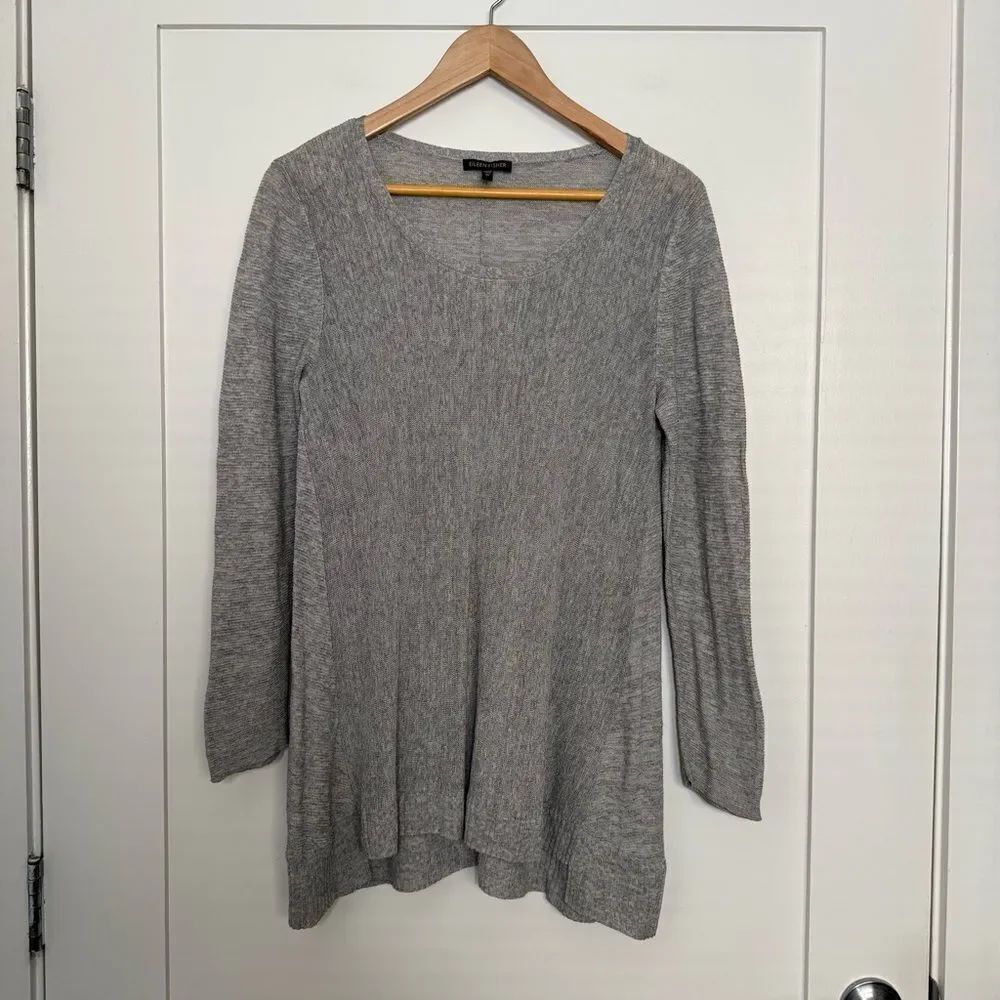 Eileen Fisher Top Tunic Womens Sz M Gray Knit Long Sleeve Linen Blend Minimalist
